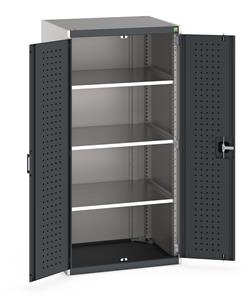 Heavy Duty Bott cubio cupboard with perfo panel lined hinged doors. 800mm wide x 650mm deep x 1600mm high with 3 x100kg capacity shelves.... Bott Tool Storage Cupboards for workshops with Shelves and or Perfo Doors